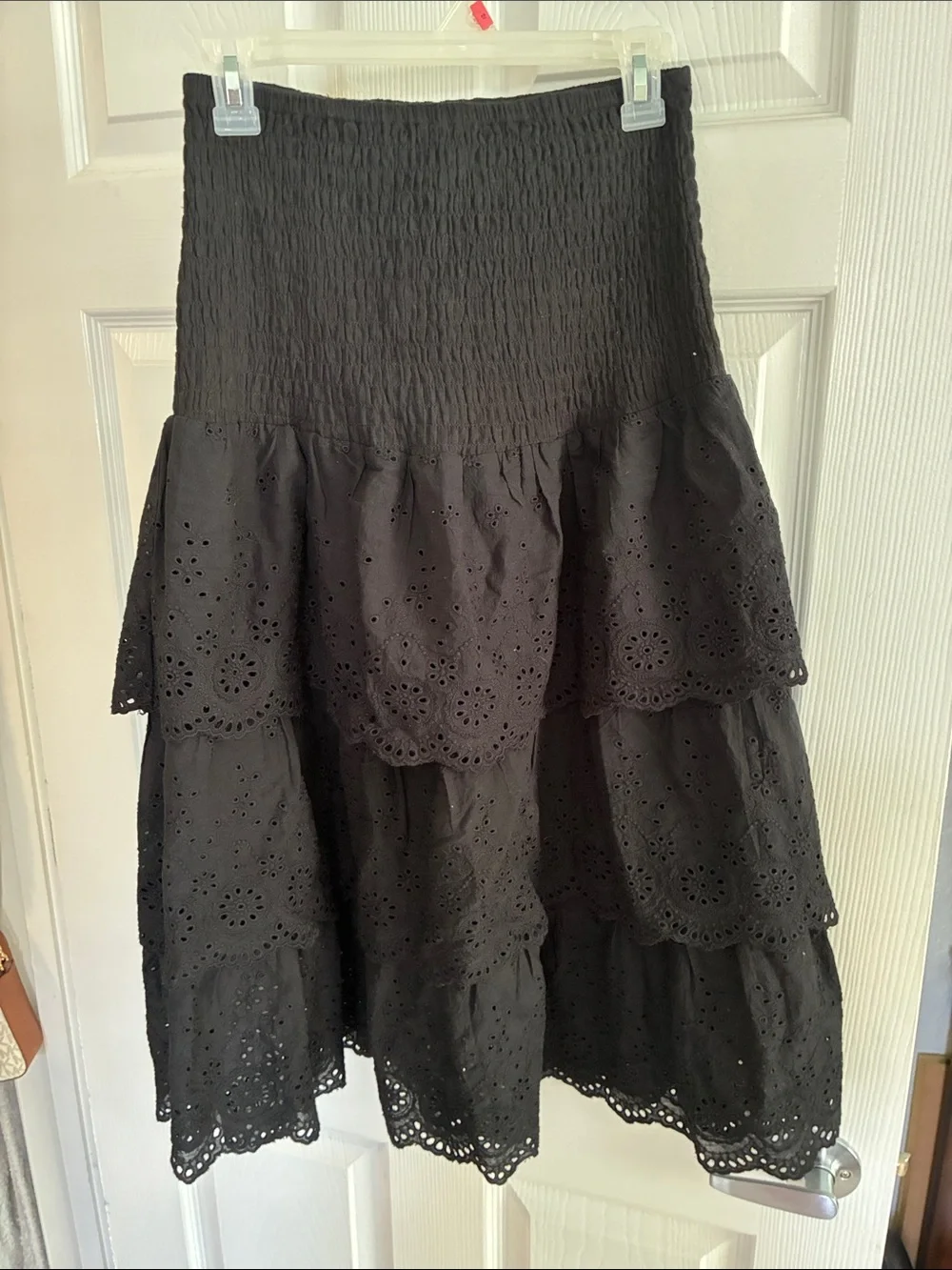 Smocked Waist Black Tiered Eyelet Midi Skirt